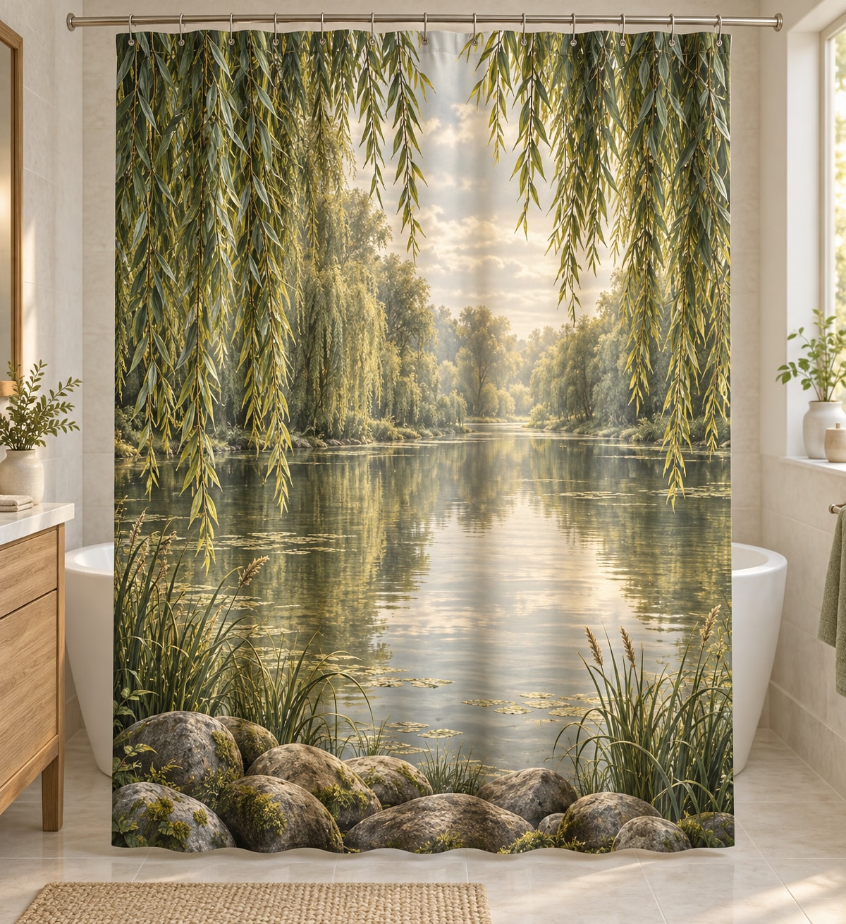 Willow Pond Shower Curtain with dimensional printed themed artwork; representative AI-generated mockup.