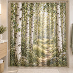 Birch Grove Shower Curtain with dimensional printed themed artwork; representative AI-generated mockup.
