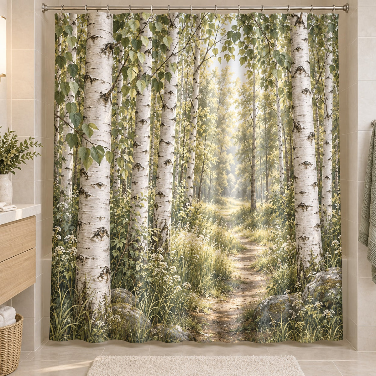 Birch Grove Shower Curtain with dimensional printed themed artwork; representative AI-generated mockup.