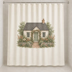 Cottage Garden House Portrait Shower Curtain with dimensional printed themed artwork; representative AI-generated mockup.