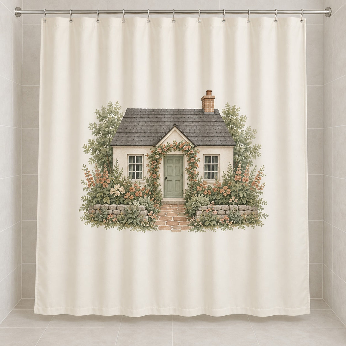 Cottage Garden House Portrait Shower Curtain with dimensional printed themed artwork; representative AI-generated mockup.