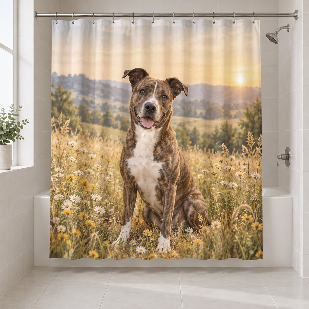 Rescue Mixed Breed Dog Shower Curtain with dimensional printed themed artwork; representative AI-generated mockup.