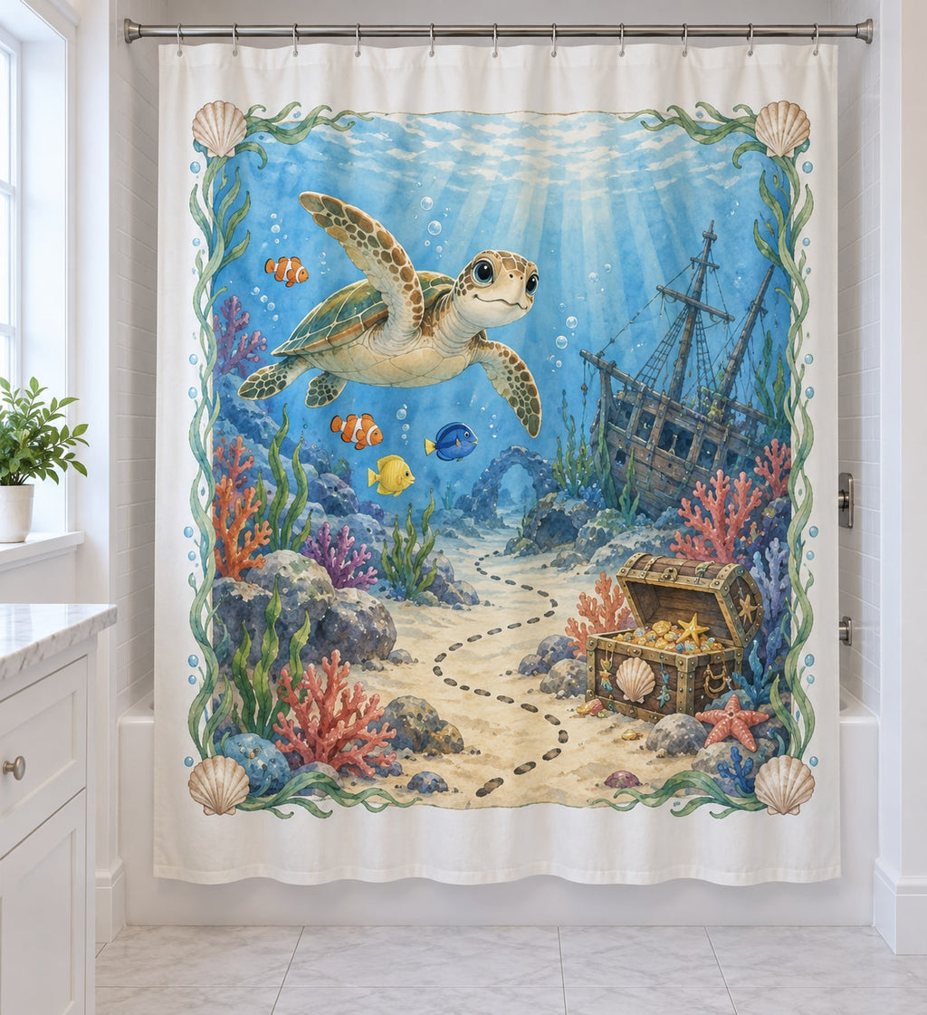 Underwater Treasure Map Shower Curtain with dimensional printed themed artwork; representative AI-generated mockup.