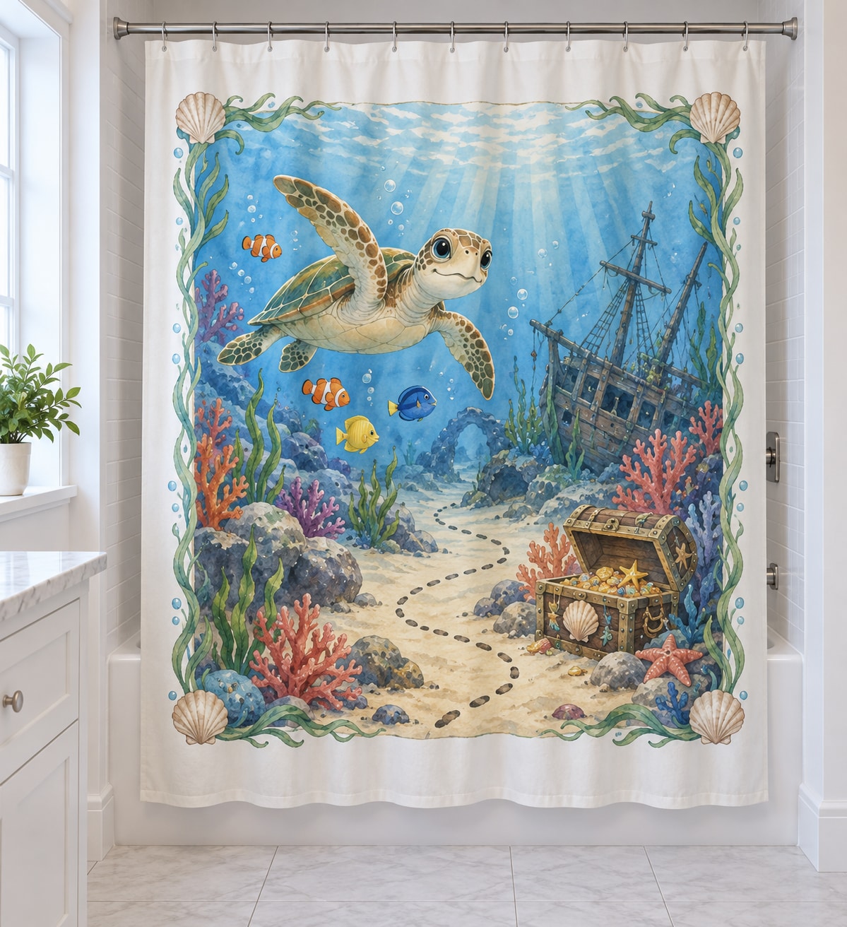 Underwater Treasure Map Shower Curtain with dimensional printed themed artwork; representative AI-generated mockup.