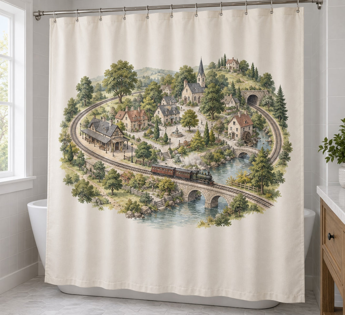 Storybook Train Village Map Shower Curtain with dimensional printed themed artwork; representative AI-generated mockup.