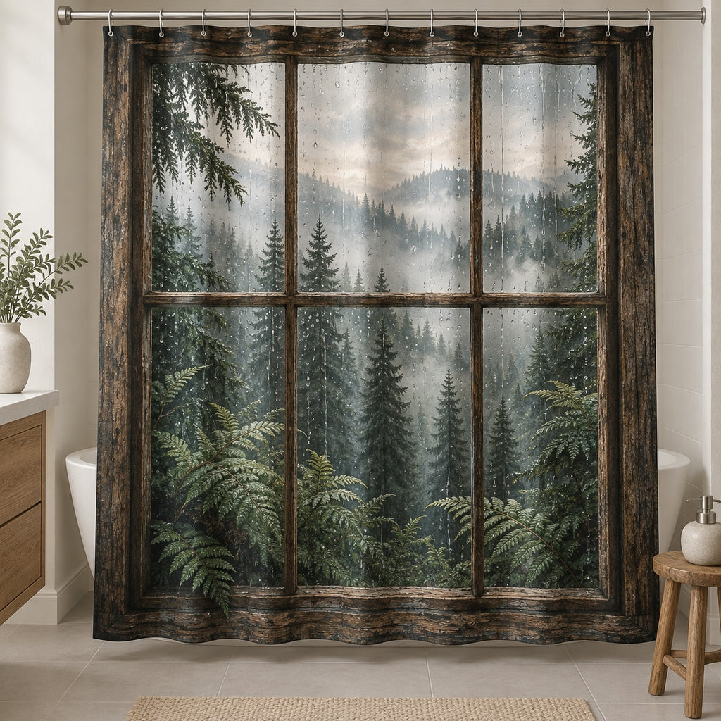Rainy Forest Window Shower Curtain with dimensional printed themed artwork; representative AI-generated mockup.