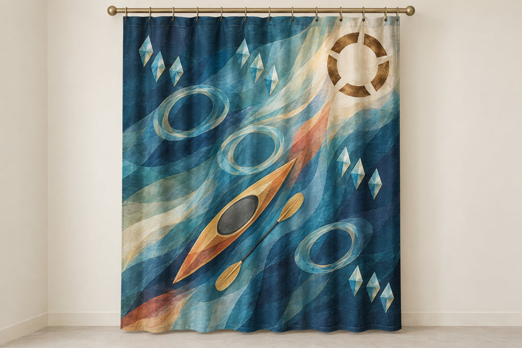 Riverglass Paddle Confluence Shower Curtain with dimensional printed themed artwork; representative AI-generated mockup.