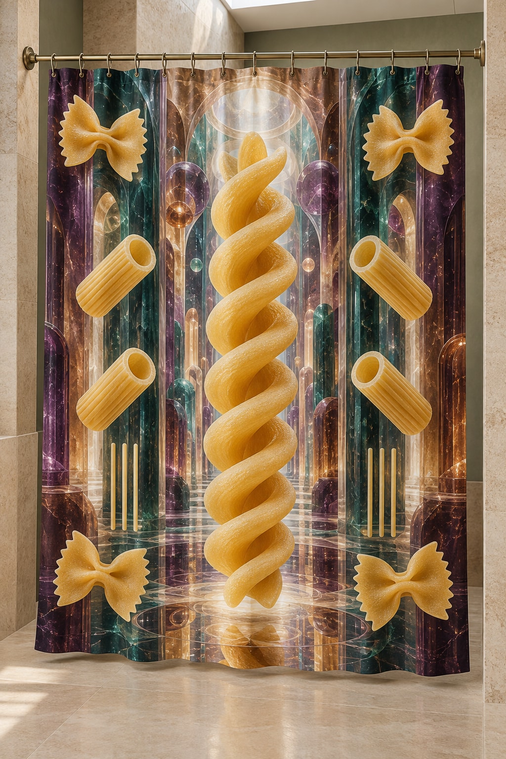 Pasta Form Parallax Shower Curtain with dimensional printed themed artwork; representative AI-generated mockup.