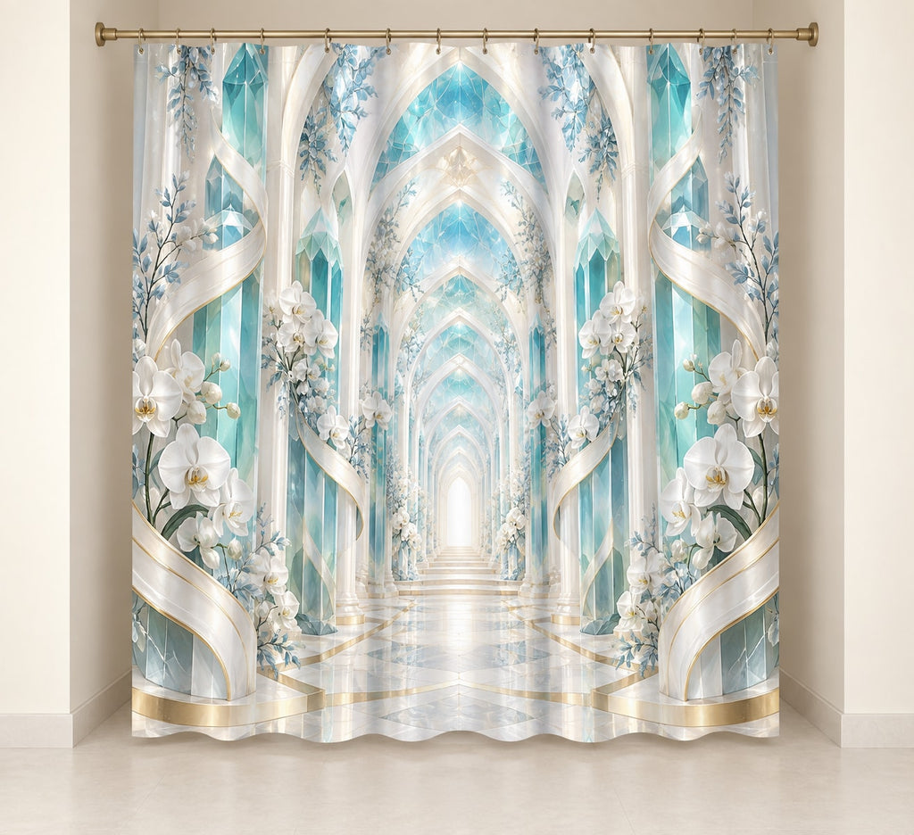 Dental Hygienist Prism Atrium Shower Curtain with dimensional printed themed artwork; representative AI-generated mockup.