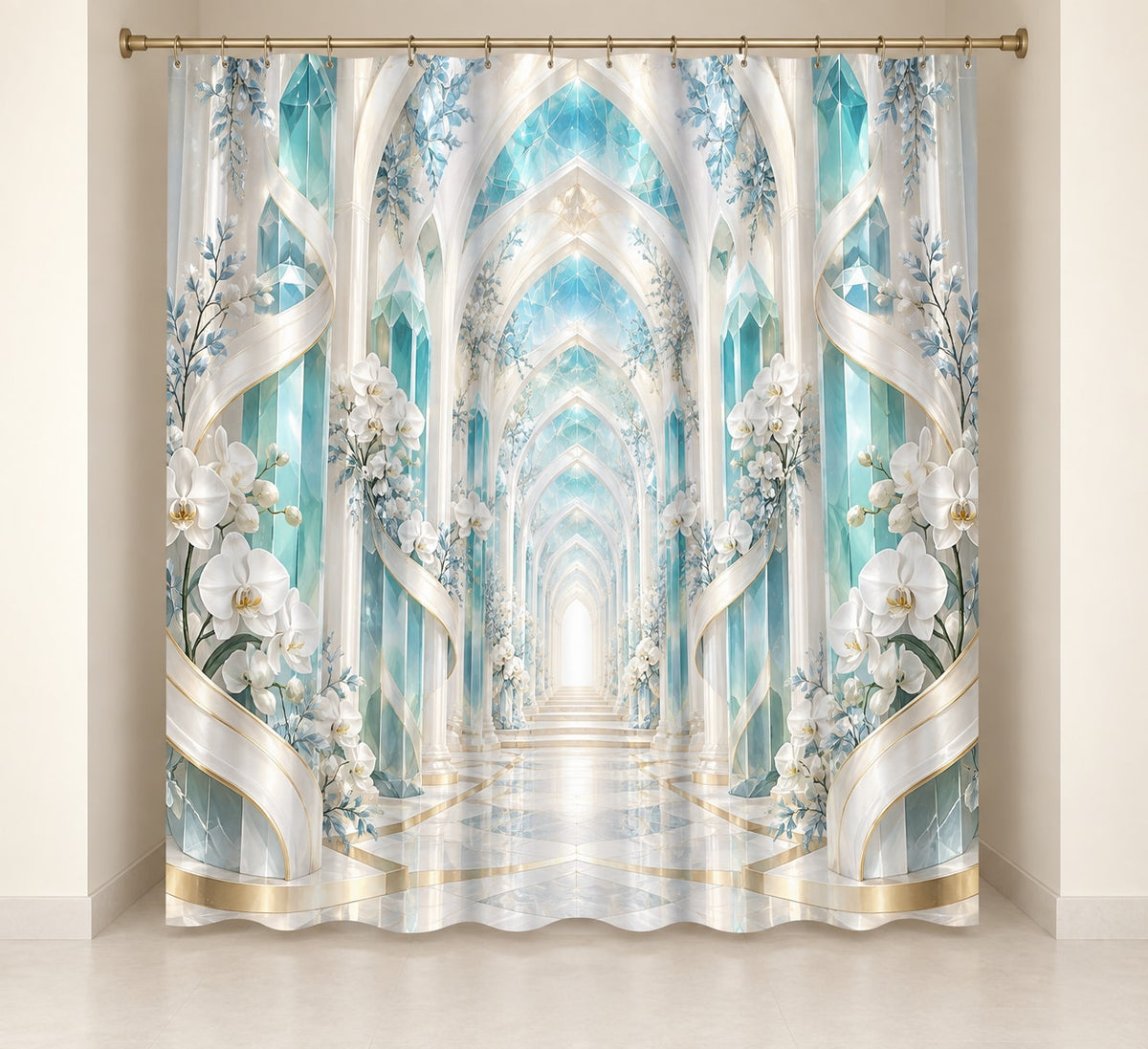 Dental Hygienist Prism Atrium Shower Curtain with dimensional printed themed artwork; representative AI-generated mockup.