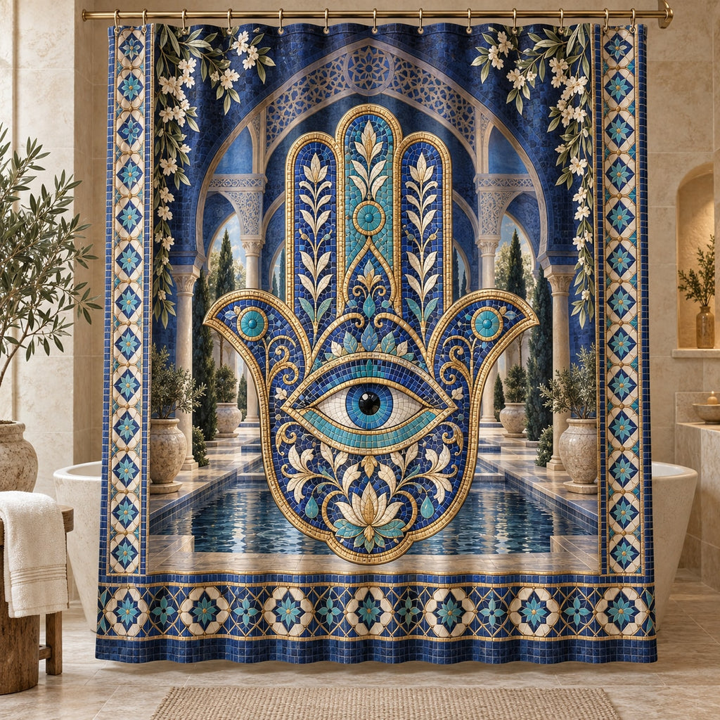 Hamsa Eye Mosaic Shower Curtain with dimensional printed themed artwork; representative AI-generated mockup.