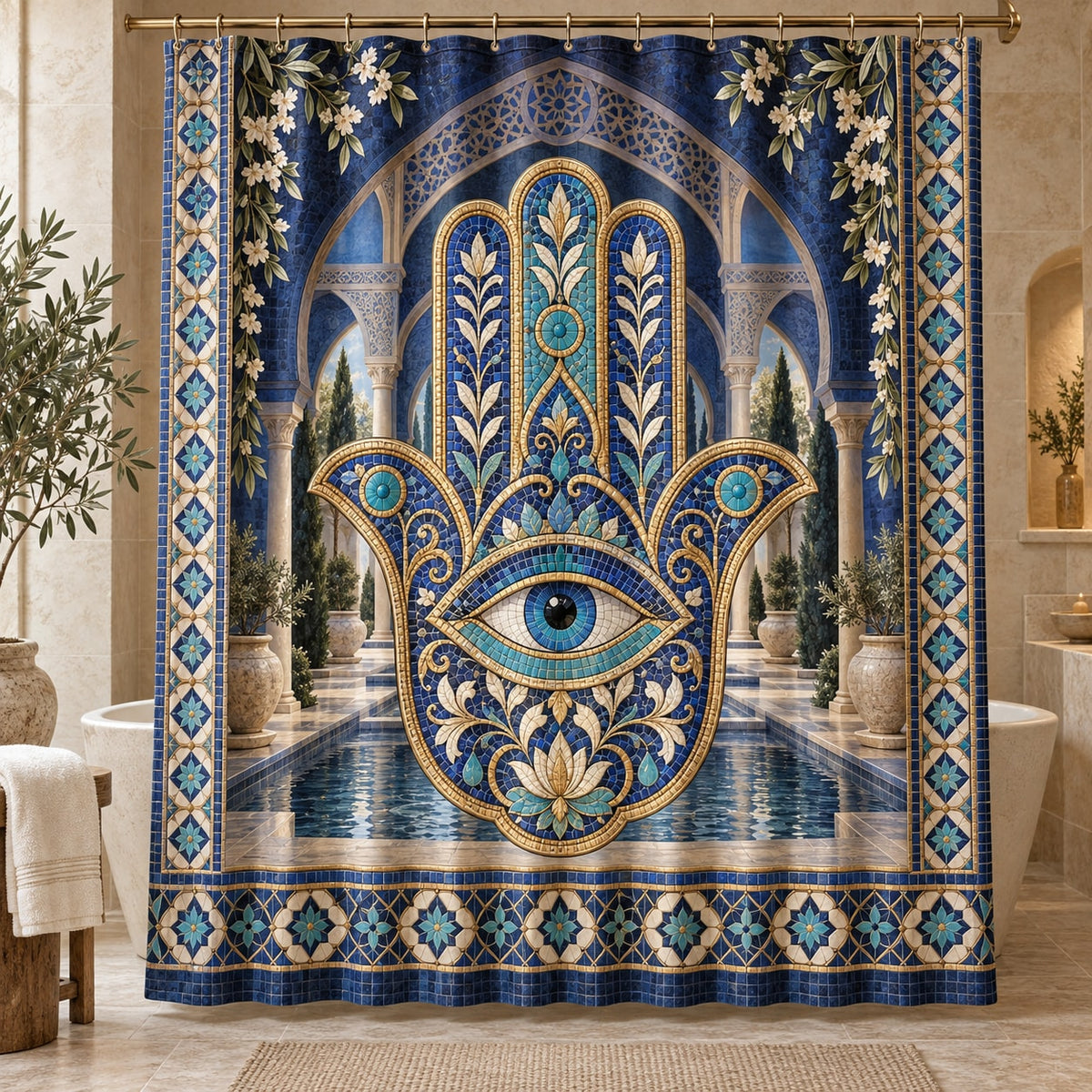 Hamsa Eye Mosaic Shower Curtain with dimensional printed themed artwork; representative AI-generated mockup.