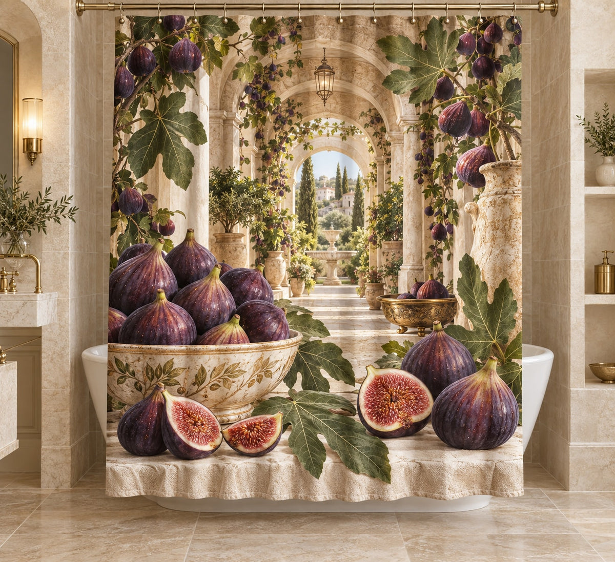 Fig Harvest Shower Curtain with dimensional printed themed artwork; representative AI-generated mockup.