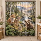 Woodland Animal Friends Shower Curtain with dimensional printed themed artwork; representative AI-generated mockup.