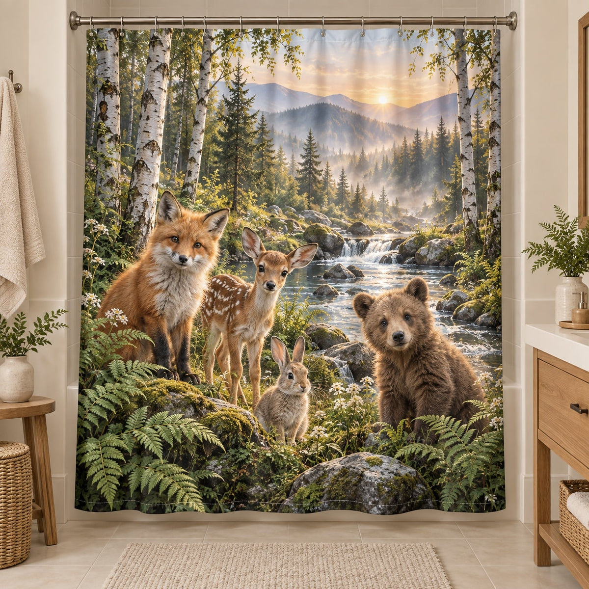 Woodland Animal Friends Shower Curtain with dimensional printed themed artwork; representative AI-generated mockup.
