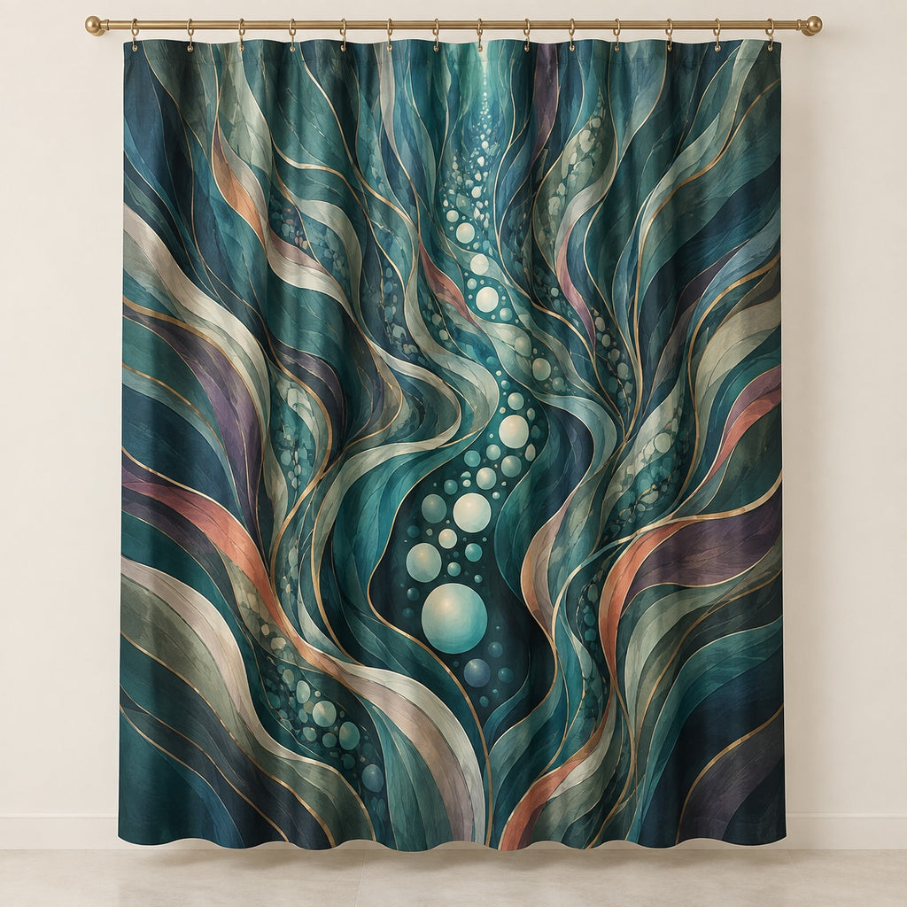 Luminous Aquascape Terraces Shower Curtain with dimensional printed themed artwork; representative AI-generated mockup.