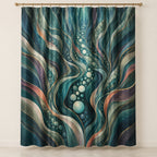 Luminous Aquascape Terraces Shower Curtain with dimensional printed themed artwork; representative AI-generated mockup.