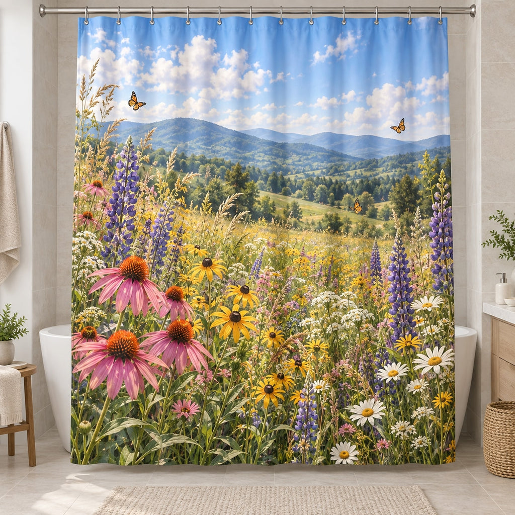 Wildflower Meadow Shower Curtain with dimensional printed themed artwork; representative AI-generated mockup.