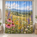 Wildflower Meadow Shower Curtain with dimensional printed themed artwork; representative AI-generated mockup.