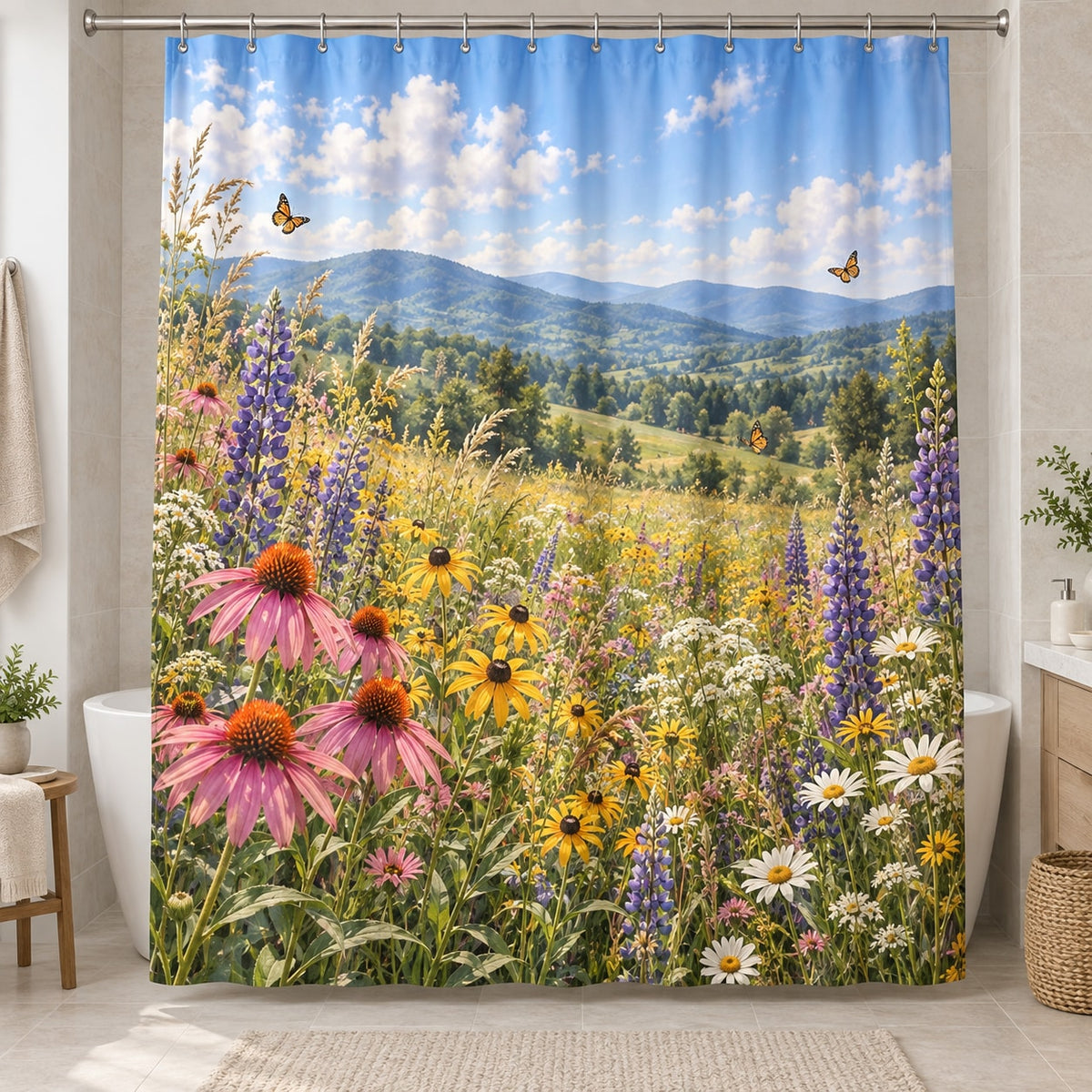 Wildflower Meadow Shower Curtain with dimensional printed themed artwork; representative AI-generated mockup.