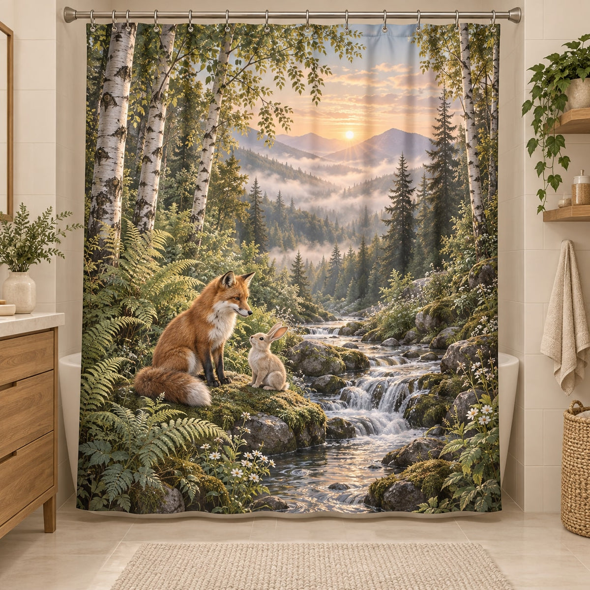 Sage Fox and Bunny Shower Curtain with dimensional printed themed artwork; representative AI-generated mockup.