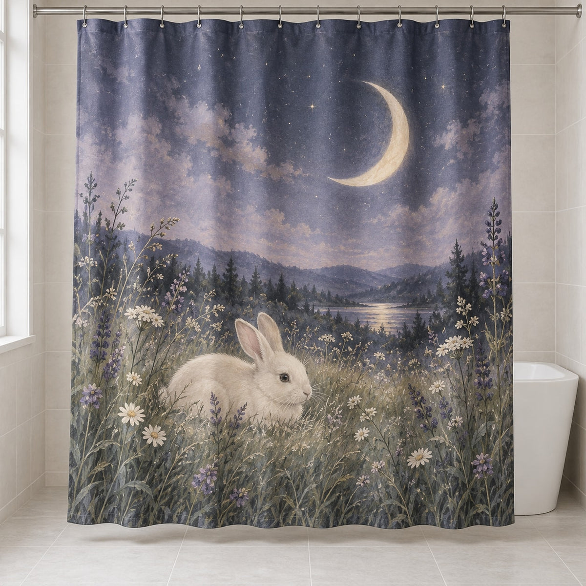 Bunny Moon Meadow Shower Curtain with dimensional printed themed artwork; representative AI-generated mockup.