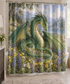 Dragon and Wildflowers Shower Curtain with dimensional printed themed artwork; representative AI-generated mockup.
