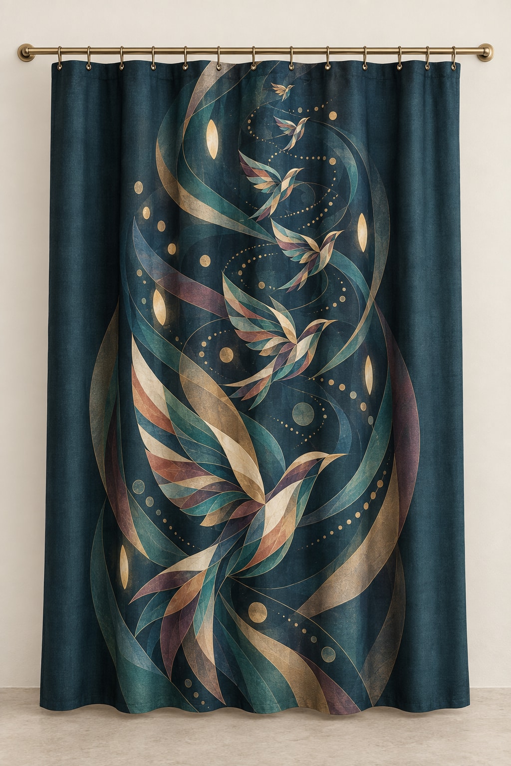 Dawn Chorus Observatory Shower Curtain with dimensional printed themed artwork; representative AI-generated mockup.