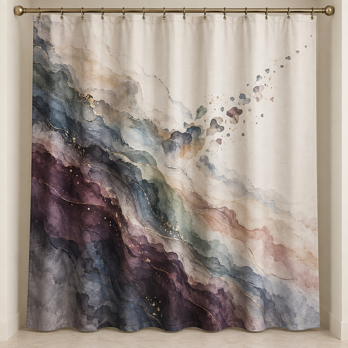 Quiet Margin Aurora Shower Curtain with dimensional printed themed artwork; representative AI-generated mockup.