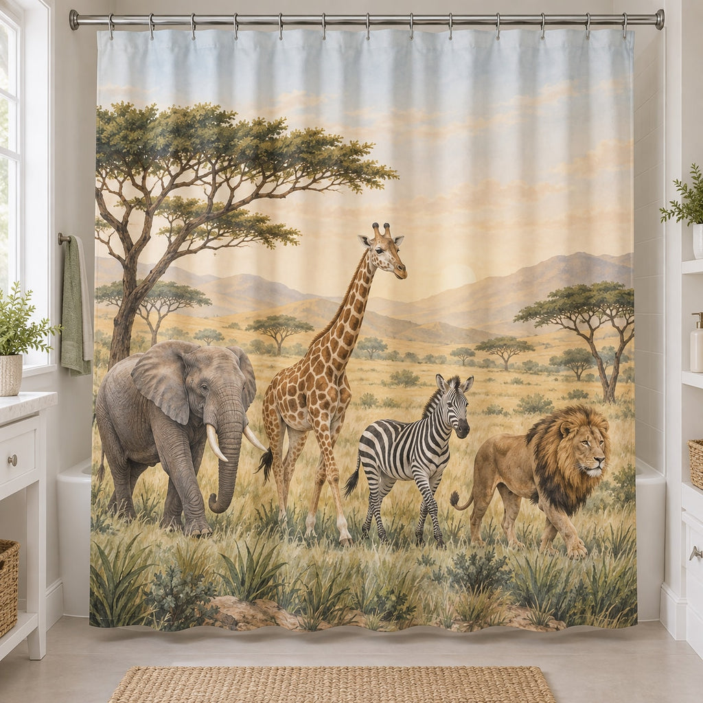 Safari Animal Parade Shower Curtain with dimensional printed themed artwork; representative AI-generated mockup.