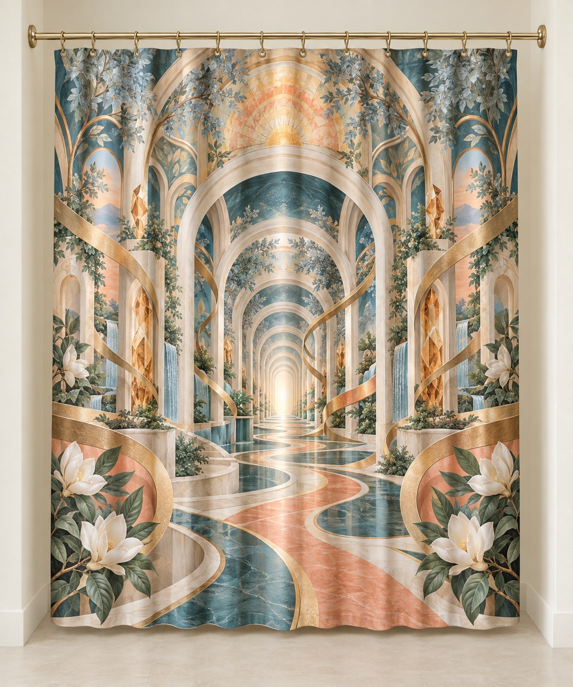 Occupational Therapy Renewal Shower Curtain with dimensional printed themed artwork; representative AI-generated mockup.