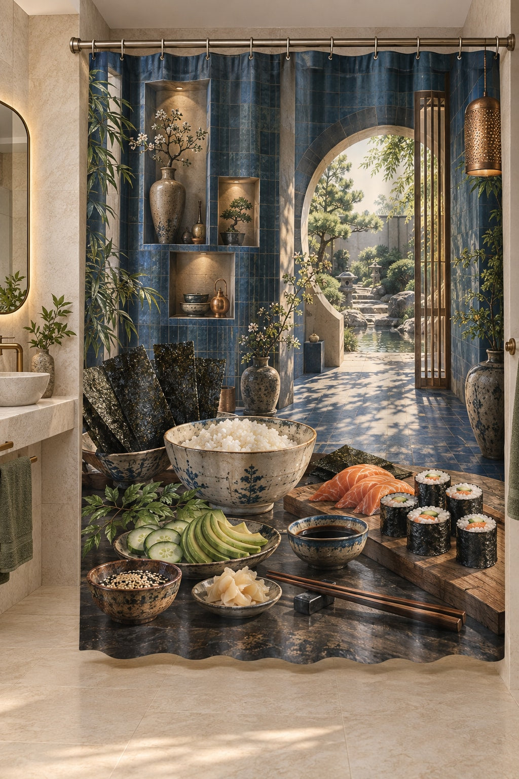 Sushi Ingredient Study Shower Curtain with dimensional printed themed artwork; representative AI-generated mockup.