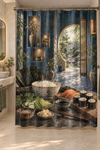 Sushi Ingredient Study Shower Curtain with dimensional printed themed artwork; representative AI-generated mockup.