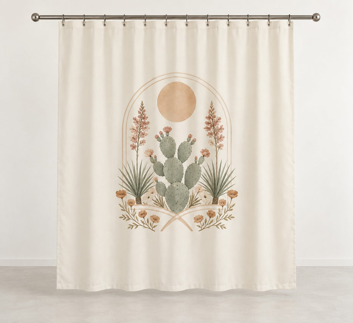 Desert Botanical Arch Shower Curtain with dimensional printed themed artwork; representative AI-generated mockup.