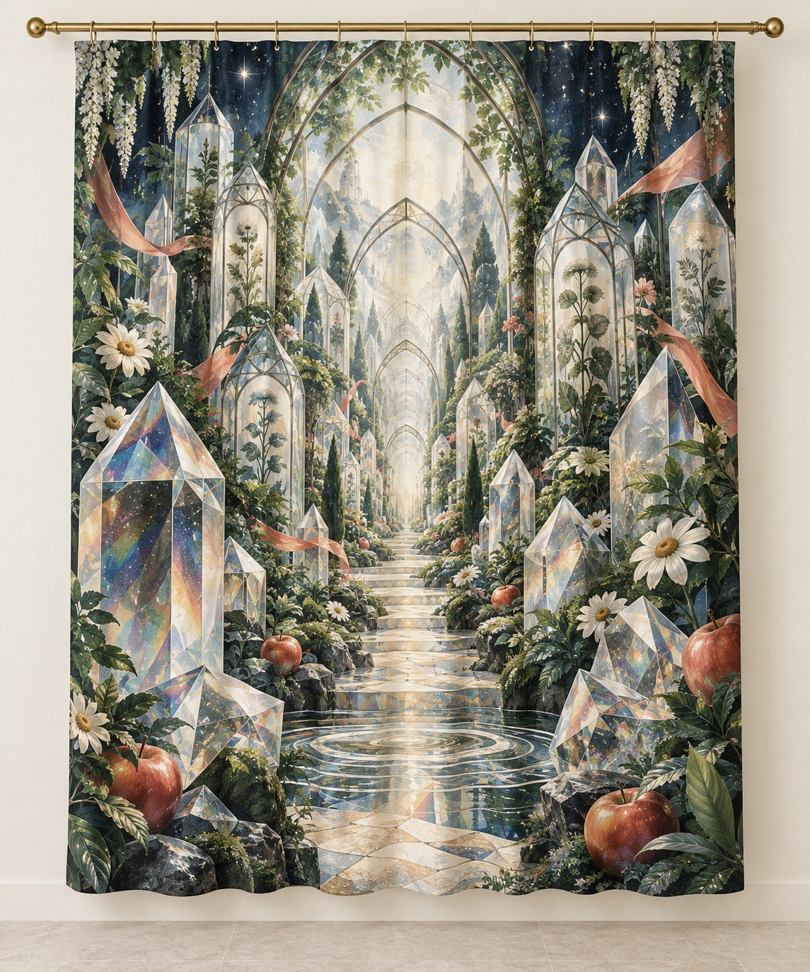 Prismatic Discovery Conservatory Shower Curtain with dimensional printed themed artwork; representative AI-generated mockup.