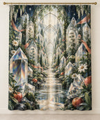 Prismatic Discovery Conservatory Shower Curtain with dimensional printed themed artwork; representative AI-generated mockup.