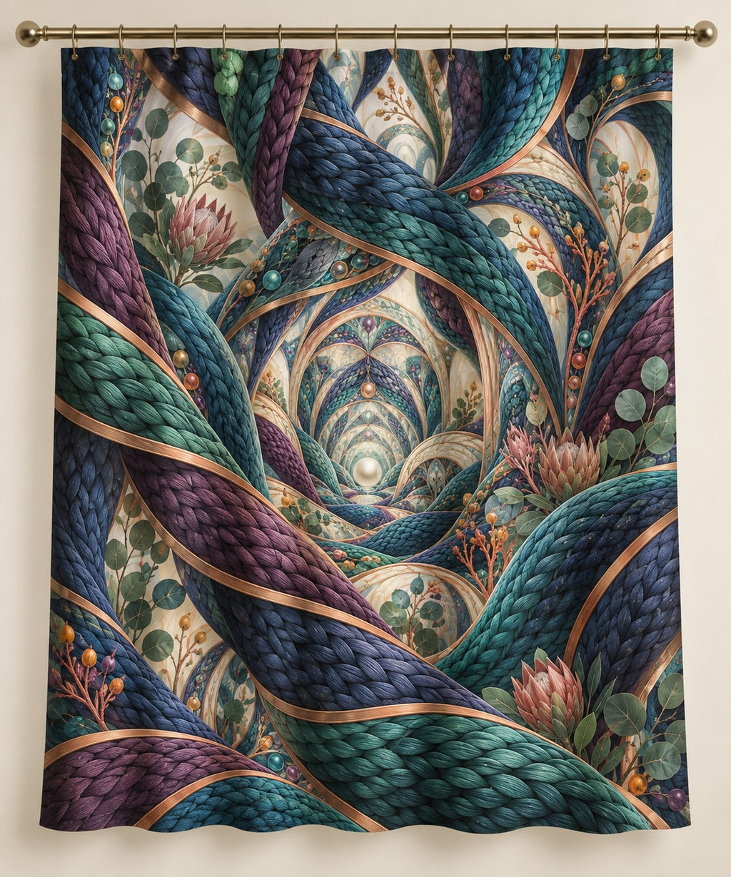 Stitchlight Loom Atrium Shower Curtain with dimensional printed themed artwork; representative AI-generated mockup.