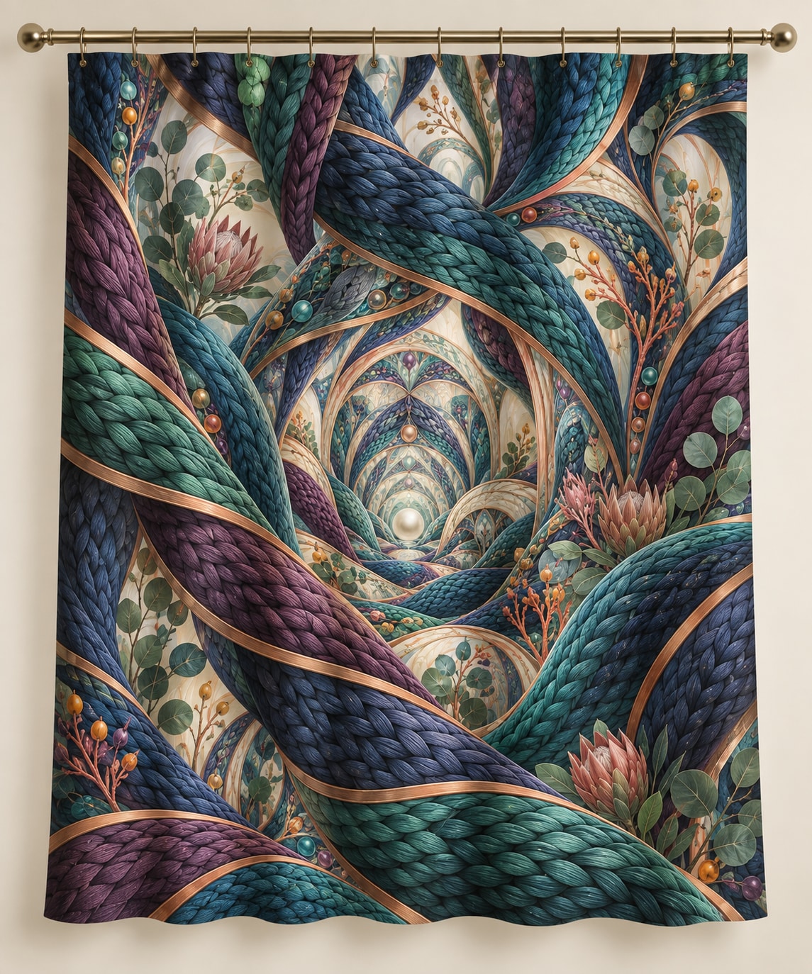 Stitchlight Loom Atrium Shower Curtain with dimensional printed themed artwork; representative AI-generated mockup.