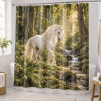 Unicorn Woodland Shower Curtain with dimensional printed themed artwork; representative AI-generated mockup.