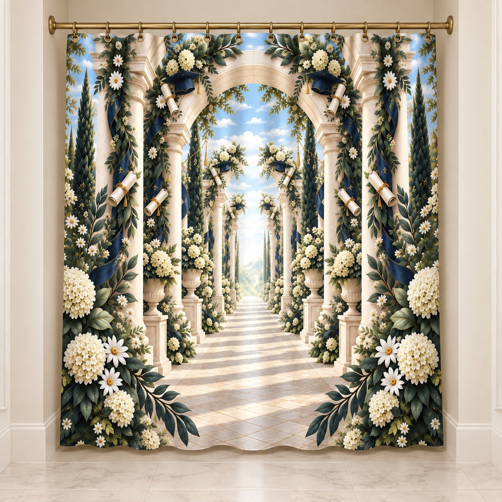 Graduation Laurel Colonnade Shower Curtain with dimensional printed themed artwork; representative AI-generated mockup.