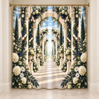 Graduation Laurel Colonnade Shower Curtain with dimensional printed themed artwork; representative AI-generated mockup.