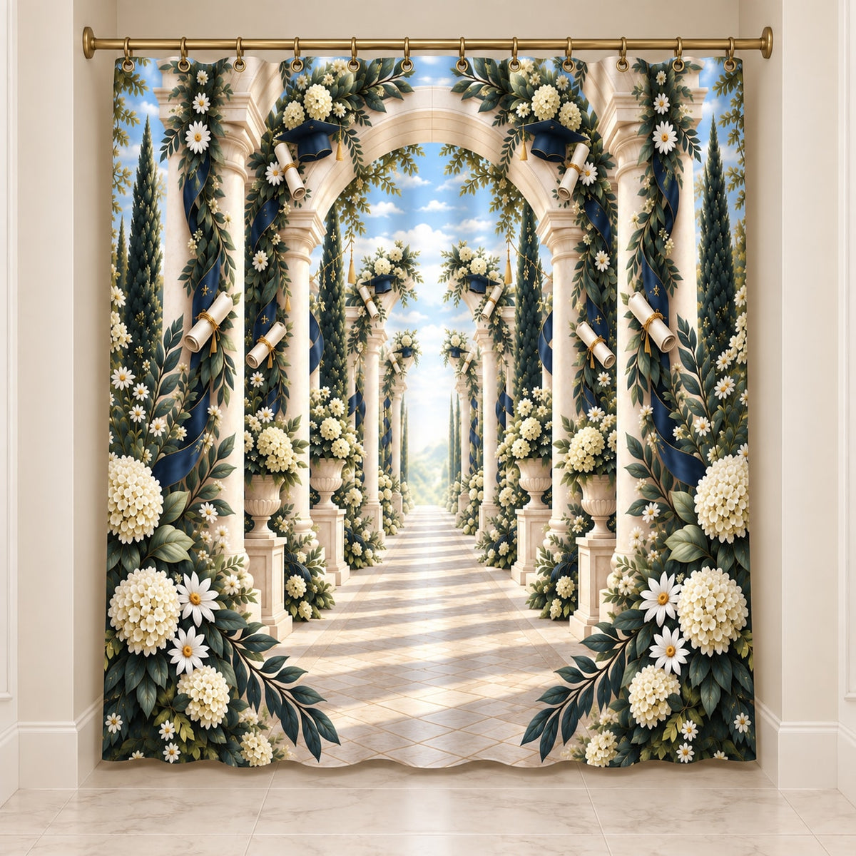 Graduation Laurel Colonnade Shower Curtain with dimensional printed themed artwork; representative AI-generated mockup.
