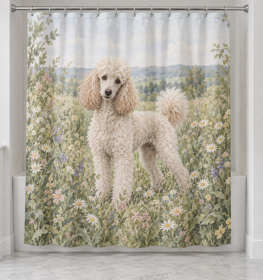 Poodle Shower Curtain with dimensional printed themed artwork; representative AI-generated mockup.