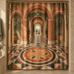 Pizza Night Ember Portal Shower Curtain with dimensional printed themed artwork; representative AI-generated mockup.