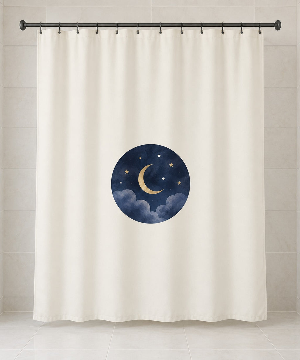Celestial Wedding Night Shower Curtain with dimensional printed themed artwork; representative AI-generated mockup.