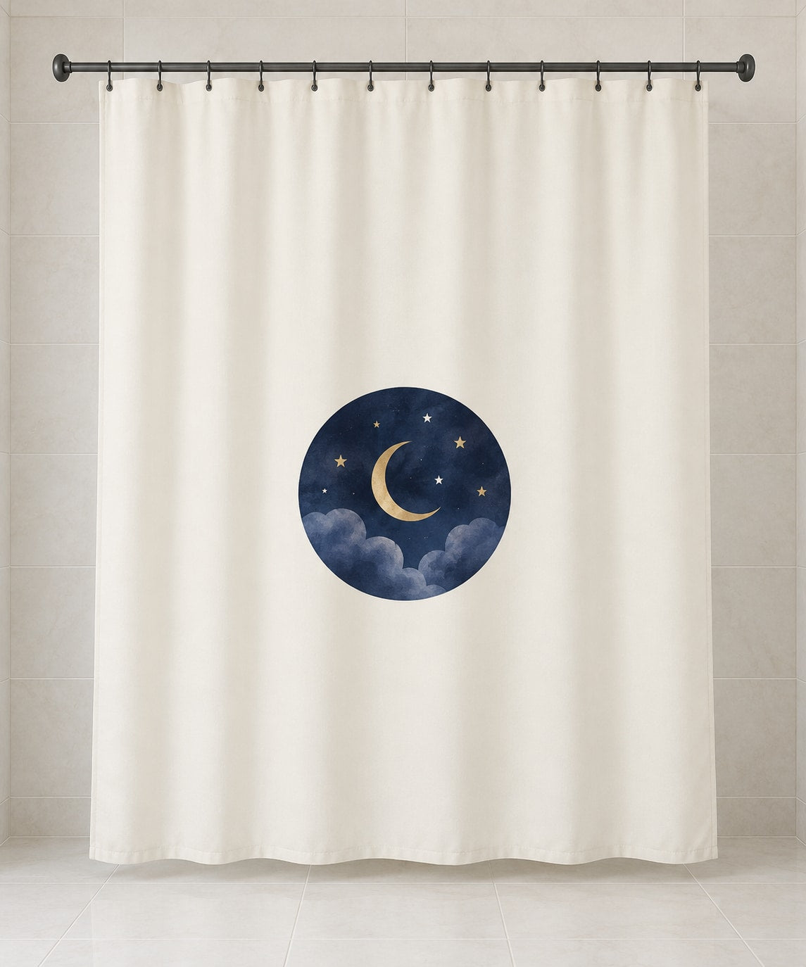 Celestial Wedding Night Shower Curtain with dimensional printed themed artwork; representative AI-generated mockup.