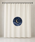 Celestial Wedding Night Shower Curtain with dimensional printed themed artwork; representative AI-generated mockup.