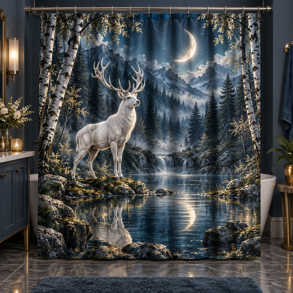 Moonlit White Stag Shower Curtain with dimensional printed themed artwork; representative AI-generated mockup.