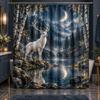 Moonlit White Stag Shower Curtain with dimensional printed themed artwork; representative AI-generated mockup.