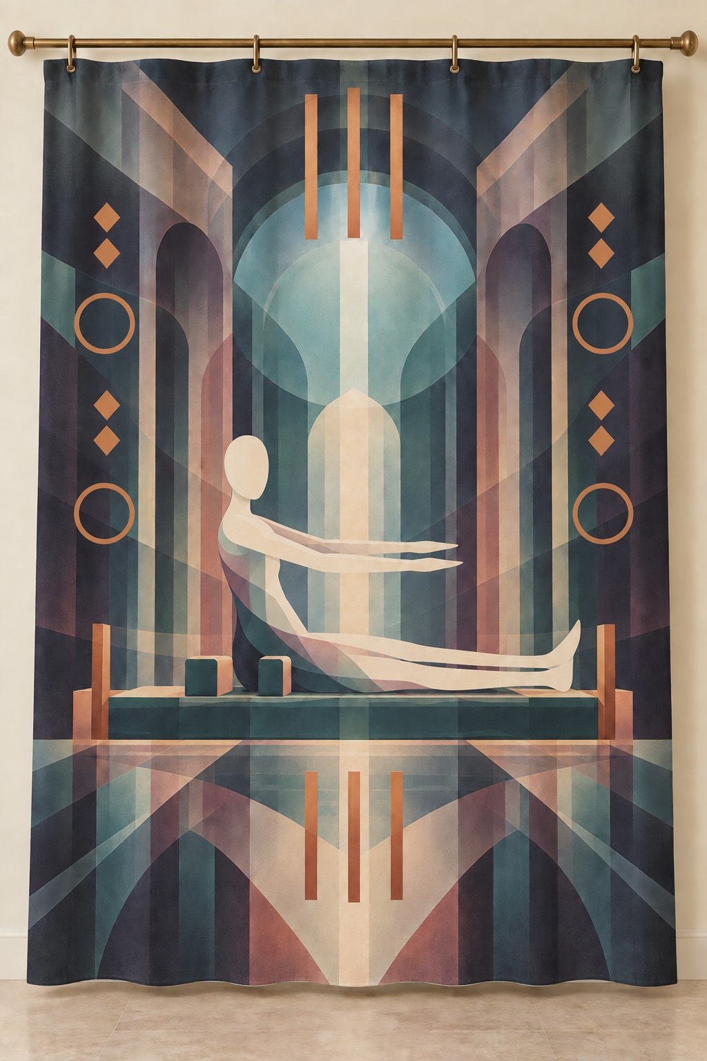 Coreline Carriage Lattice Shower Curtain with dimensional printed themed artwork; representative AI-generated mockup.